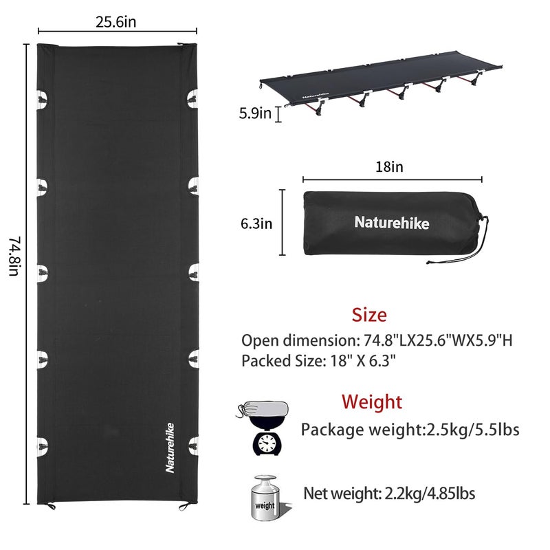 Naturehike GreenWild Camping Cot, Ultralight Folding Backpacking Cot, Supports 330lbs, Portable Camping Bed for Adults for Camping Hiking Travel Home, Black - Image 3